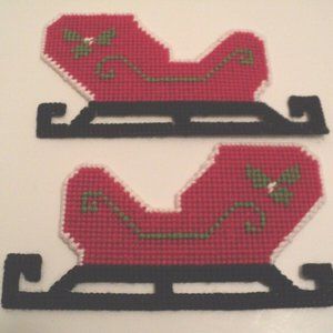 New 2 Holiday Christmas Needlepoint Sleighs Red, Green, White Plastic Canvas
